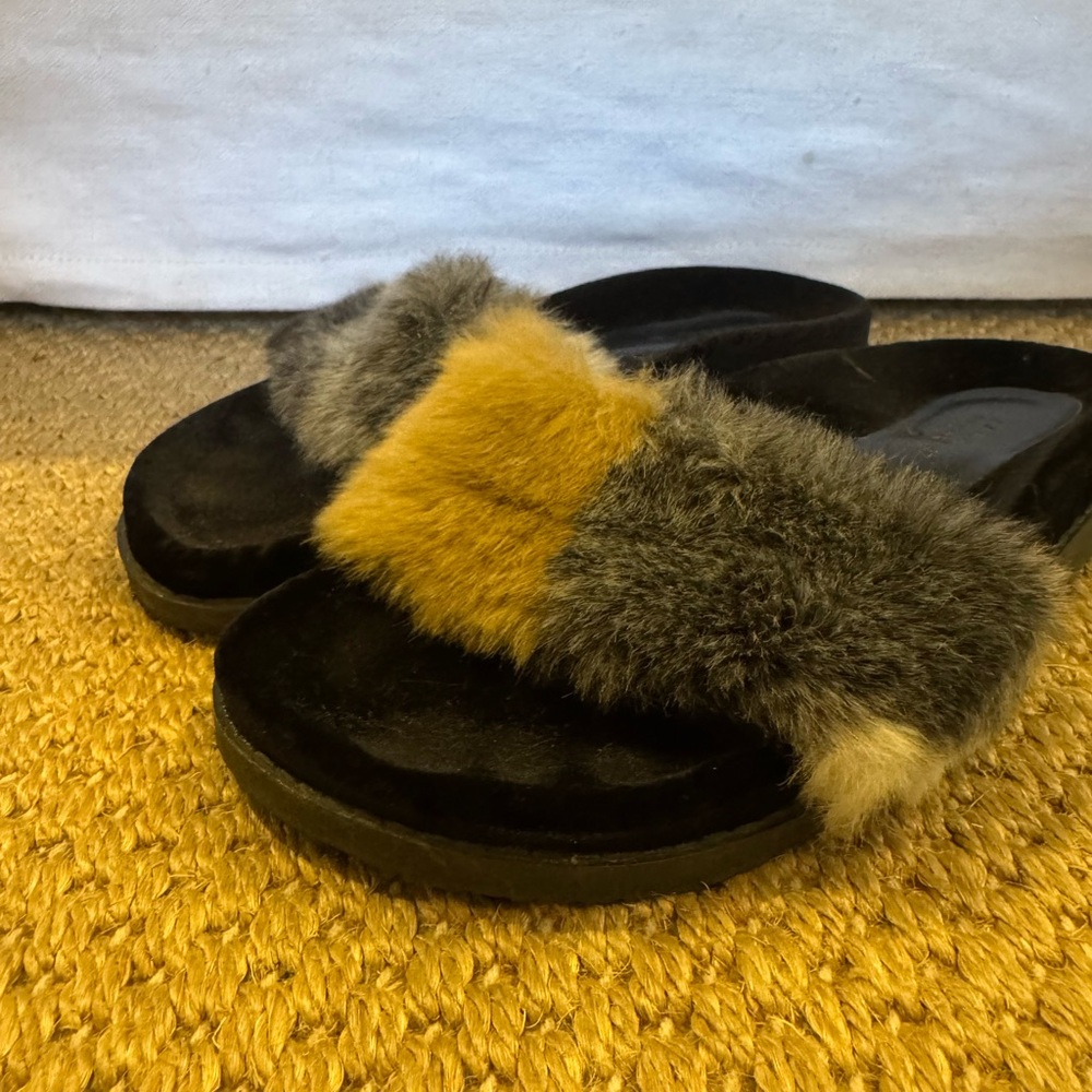 Zara Faux Fur Slide Sandals - Black, Gray, and Tan. Barely used. Size 37